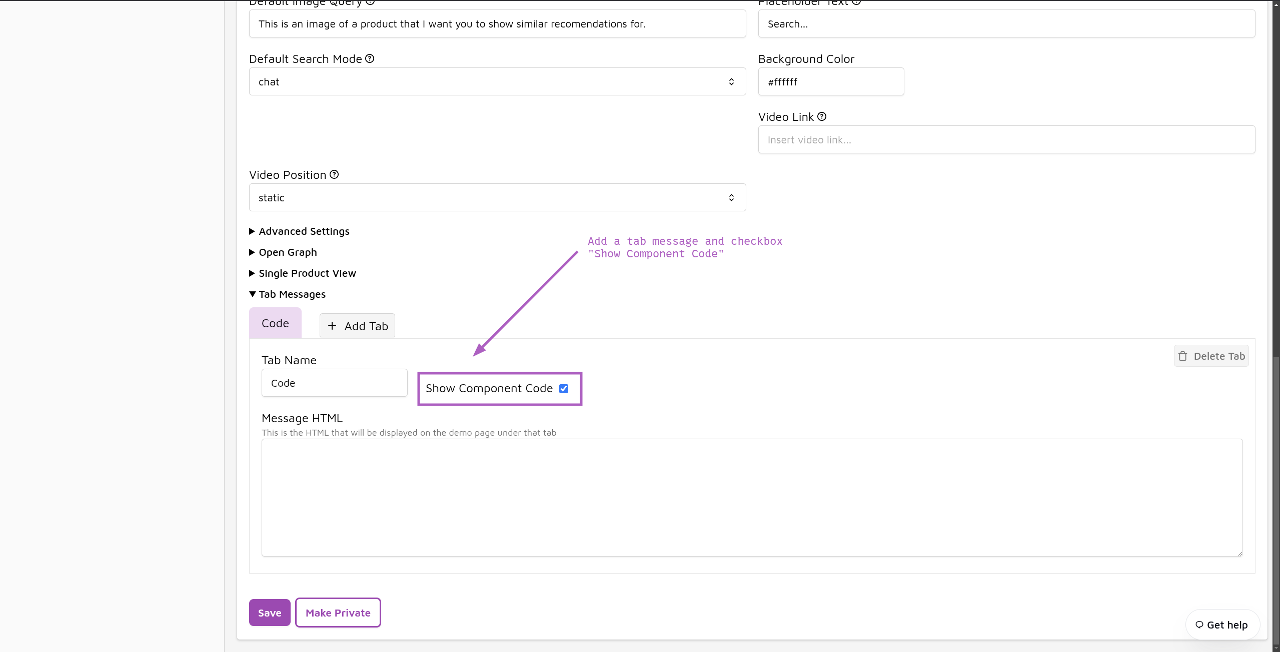 Tab Message with Component Code